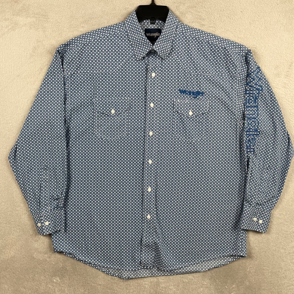 Wrangler Shirt Men XL Blue Geometric Embroidered Spellout Logo Western Button Up